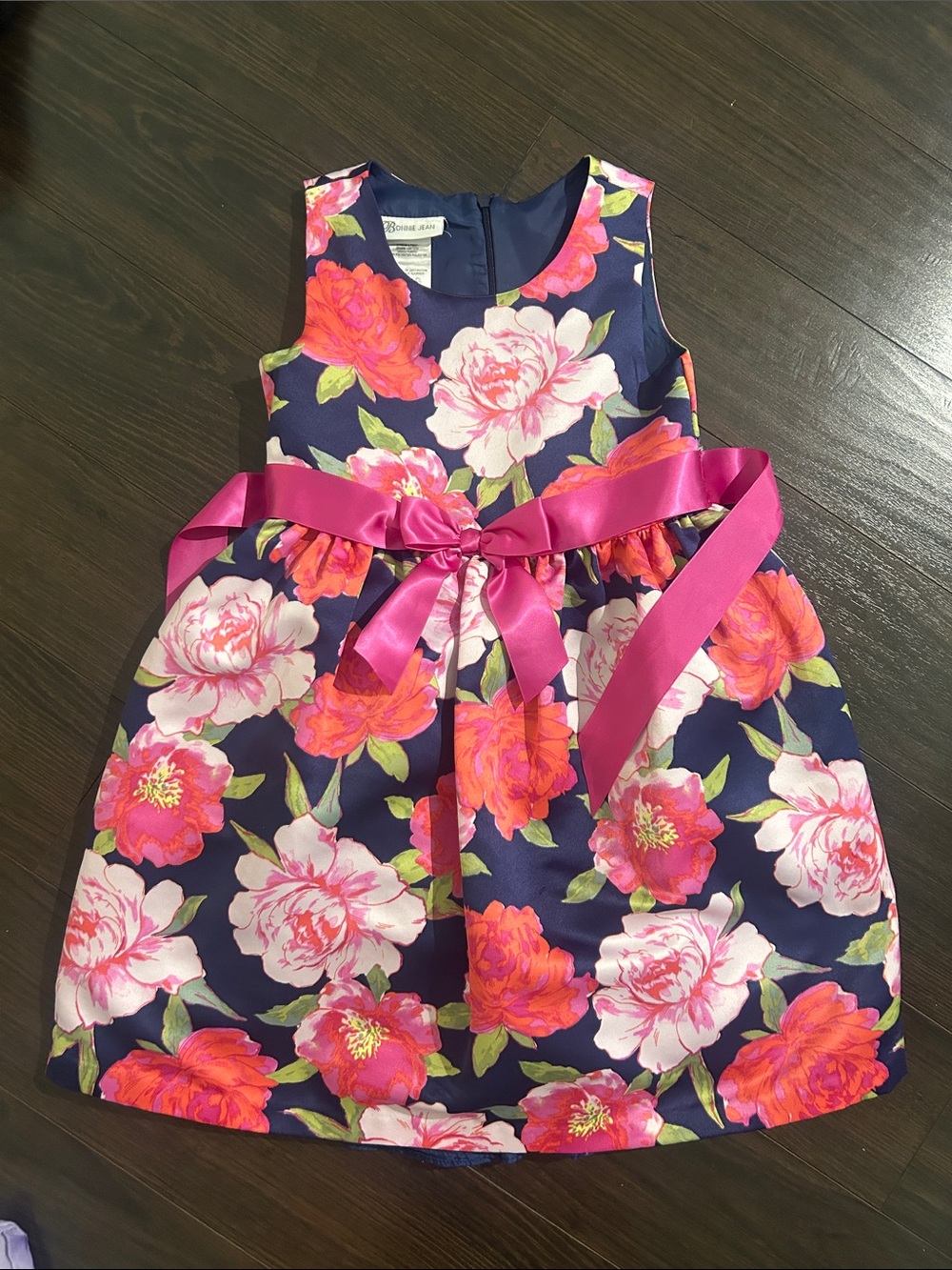 Bonnie Jean Navy Floral Satin Bow Dress - Hot Pink & Light Pink